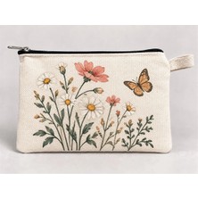 Mor Mürekkep Kelebekli Kır Çiçekleri Baskılı Fermuarlı Kalemlik 20X10 cm Kalem Kutusu Model 01303