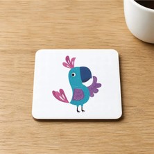 Mor Mürekkep Papağan Baskılı 9x9 cm Kare Mdf Bardak Altlığı Ahşap