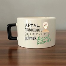 Mor Mürekkep Aptal Insanları Görmezden Gelmek Baskılı Siyah Kulplu Kare Kupa Bardak Fincan Mug