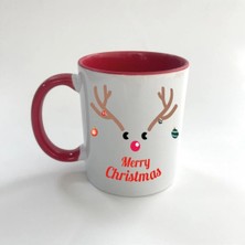 Mor Mürekkep Merry Christmas Geyik Baskılı Kırmızı Içi ve Kulbu Renkli Mega Kupa - Yılbaşı Hediyesi Bardak Fincan