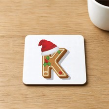 Mor Mürekkep Kurabiye K Harfi Baskılı 9x9 cm Kare Mdf Bardak Altlığı Ahşap