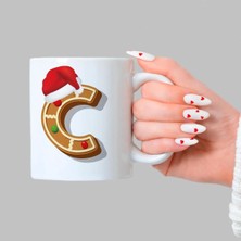 Mor Mürekkep Kurabiye C Harfi Baskılı Beyaz Kupa - Yılbaşı Hediyesi Bardak Fincan Mug