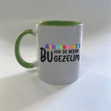 Mor Mürekkep Aşkoooooo Baskılı Yeşil Içi ve Kulbu Renkli Mega Kupa - Sevgiliye Hediye Bardak Fincan Mug