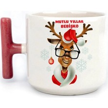 Mor Mürekkep Mutlu Yıllar Bebişko Baskılı Kırmızı Kulplu T Kupa - Yılbaşı Hediyesi Bardak Fincan Mug