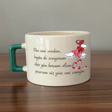 Mor Mürekkep Dün Seni Sevdim Baskılı Yeşil Kulplu Kare Kupa Bardak Fincan Mug