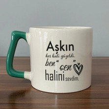 Mor Mürekkep Aşkın Her Hali Güzeldi Baskılı Yeşil Kulplu Prime Kupa - Sevgiliye Hediye Bardak Fincan Mug