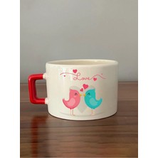 Mor Mürekkep Love Kuşlar Baskılı Kırmızı Kulplu Kare Kupa Bardak Fincan Mug