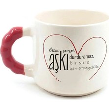Mor Mürekkep Ölüm Gerçek Aşkı Durduramaz Baskılı Kırmızı Kulplu Boncuk Kupa - Sevgiliye Hediye Bardak Fincan Mug
