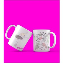 Mor Mürekkep Gri Etekli Balerin Baskılı Beyaz Kupa Bardak Fincan Mug