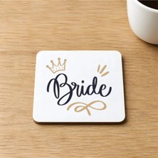 Mor Mürekkep Bride Yazılı Taç Baskılı 9x9 cm Kare Mdf Bardak Altlığı Ahşap