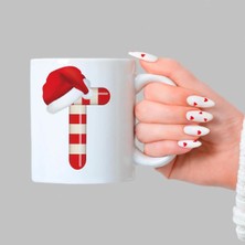 Mor Mürekkep Şeker T Harfi Baskılı Beyaz Kupa - Yılbaşı Hediyesi Bardak Fincan Mug