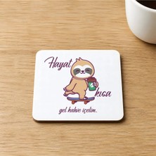 Mor Mürekkep Hayat Kısa Gel Kahve Içelim Baskılı 9x9 cm Kare Mdf Bardak Altlığı Ahşap