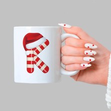 Mor Mürekkep Şeker K Harfi Baskılı Beyaz Kupa - Yılbaşı Hediyesi Bardak Fincan Mug