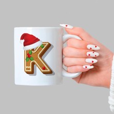 Mor Mürekkep Kurabiye K Harfi Baskılı Beyaz Kupa - Yılbaşı Hediyesi Bardak Fincan Mug