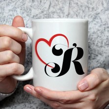 Mor Mürekkep Kalpli R Harf Baskılı Beyaz Kupa Bardak Fincan Mug