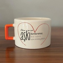 Mor Mürekkep Ölüm Gerçek Aşkı Durduramaz Baskılı Turuncu Kulplu Kare Kupa - Sevgiliye Hediye Bardak Fincan Mug