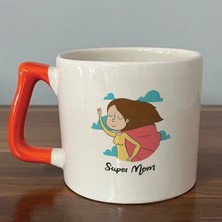 Mor Mürekkep Süper Mom Pelerin Baskılı Turuncu Kulplu Prime Kupa - Anneye Hediye Bardak Fincan Mug