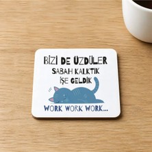 Mor Mürekkep Bizi De Üzdüler Mavi Kedi Baskılı 9x9 cm Kare Mdf Bardak Altlığı Ahşap