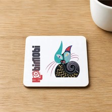 Mor Mürekkep Kedi Baskılı 9x9 cm Kare Mdf Bardak Altlığı Ahşap