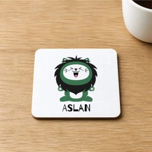 Mor Mürekkep Aslan Burcu ve Onla Alakalı Komik Açıklama Baskılı 9x9 cm Kare Mdf Bardak Altlığı Ahşap