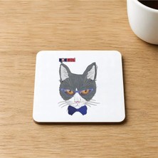 Mor Mürekkep Gözlüklü Mavi Papyonlu Kedi Baskılı 9x9 cm Kare Mdf Bardak Altlığı Ahşap
