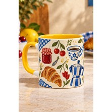 Mor Mürekkep Kahvaltı Temalı Baskılı Sarı Içi ve Kulbu Renkli Mega Kupa Bardak Fincan Mug