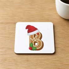 Mor Mürekkep Kurabiye B Harfi Baskılı 9x9 cm Kare Mdf Bardak Altlığı Ahşap