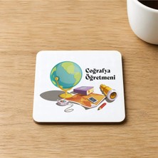 Mor Mürekkep Kişiye Özel Coğrafya Öğretmeni Baskılı 9x9 cm Kare Mdf Bardak Altlığı - Öğretmene Hediye Ahşap
