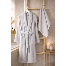 Tabea Home Fluffy 2'li Havlulu Bornoz Seti | Pamuklu | Nakışlı | Çeyiz Seti | Gri