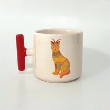 Mor Mürekkep Sarı Kedi Baskılı Kırmızı Kulplu T Kupa Bardak Fincan Mug