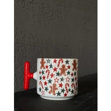 Mor Mürekkep Karışık Yıl Başı Desenleri Baskılı Kırmızı Kulplu T Kupa - Yılbaşı Hediyesi Bardak Fincan Mug