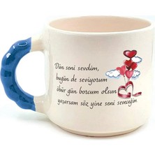 Mor Mürekkep Dün Seni Sevdim Baskılı Mavi Kulplu Boncuk Kupa Bardak Fincan Mug