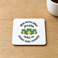 Mor Mürekkep Beni Mutlu Eden Şeylerin Baskılı 9x9 cm Kare Mdf Bardak Altlığı Ahşap