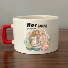 Mor Mürekkep Her Zaman Yanyana Baskılı Kırmızı Kulplu Kare Kupa Bardak Fincan Mug