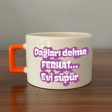 Mor Mürekkep Dağları Delme Ferhat Evi Süpür Baskılı Turuncu Kulplu Kare Kupa - Kadınlar Günü Hediyesi Bardak