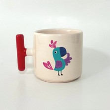 Mor Mürekkep Papağan Baskılı Kırmızı Kulplu T Kupa Bardak Fincan Mug