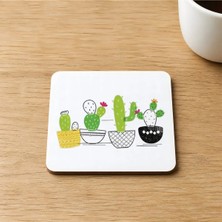 Mor Mürekkep 4lü Kaktüs Baskılı 9x9 cm Kare Mdf Bardak Altlığı Ahşap