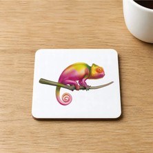 Mor Mürekkep Renkli Bukalemun Baskılı 9x9 cm Kare Mdf Bardak Altlığı Ahşap