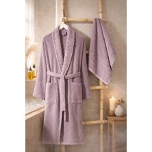 Tabea Home Fluffy 2'li Havlulu Bornoz Seti | Pamuklu | Nakışlı | Çeyiz Seti | Mürdüm