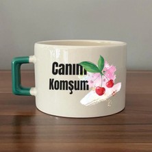 Mor Mürekkep Canım Komşum Baskılı Yeşil Kulplu Kare Kupa Bardak Fincan Mug