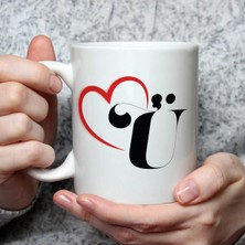Mor Mürekkep Kalpli Ü Harf Baskılı Beyaz Kupa Bardak Fincan Mug