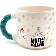 Mor Mürekkep Mutlu Yıllar Kar Taneleri Baskılı Yeşil Kulplu Boncuk Kupa - Yılbaşı Hediyesi Bardak Fincan Mug