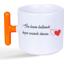 Mor Mürekkep Sen Benim Kalbimde Huzur Baskılı Turuncu Kulplu T Kupa Bardak Fincan Mug