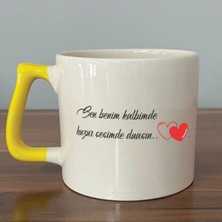 Mor Mürekkep Sen Benim Kalbimde Huzur Baskılı Sarı Kulplu Prime Kupa Bardak Fincan Mug