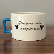 Mor Mürekkep Yolumu Yoluna Çevirdim Baskılı Mavi Kulplu Kare Kupa Bardak Fincan Mug