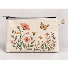 Mor Mürekkep Kelebekli Kır Çiçekleri Baskılı Fermuarlı Kalemlik 20X10 cm Kalem Kutusu Model 01293