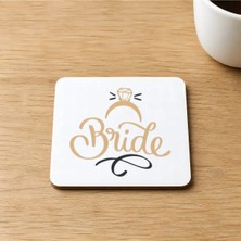 Mor Mürekkep Bride Yazılı Yüzük Baskılı 9x9 cm Kare Mdf Bardak Altlığı Ahşap