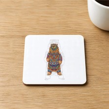 Mor Mürekkep Bear Baskılı 9x9 cm Kare Mdf Bardak Altlığı Ahşap