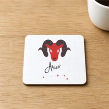 Mor Mürekkep Koç Burcu Simgesi Baskılı 9x9 cm Kare Mdf Bardak Altlığı Ahşap