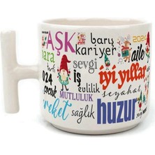 Mor Mürekkep Dilekler Baskılı Beyaz Kulplu T Kupa - Yılbaşı Hediyesi Bardak Fincan Mug